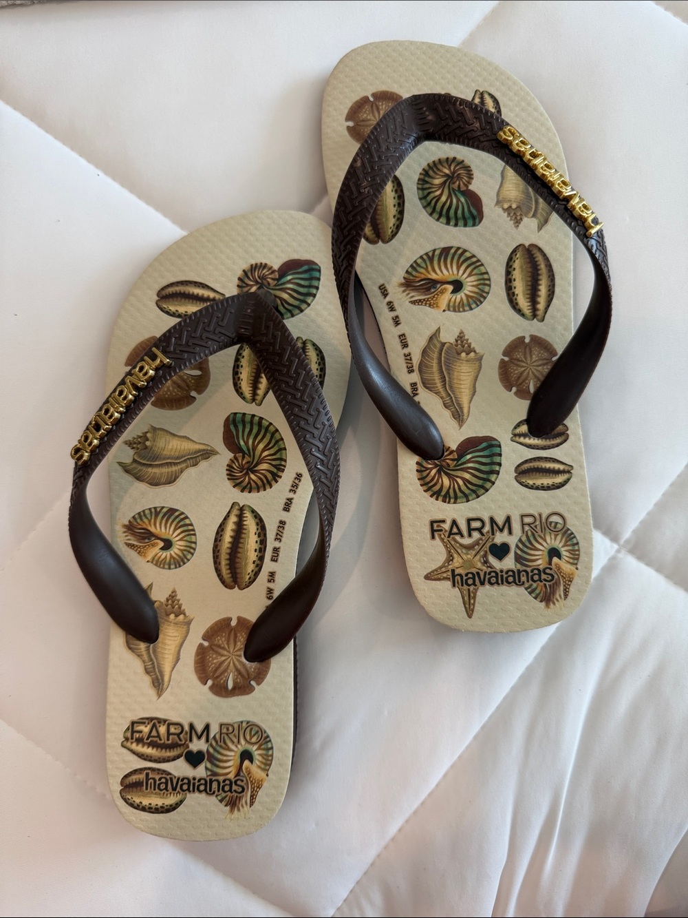 Havaianas Kids Flip Flops in Beige Footbed with Brown Straps and Shell Print